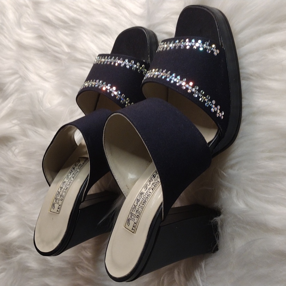 Dressy slip on block heeled sandals handmade in Abu Dhabi black with bling - Picture 2 of 9